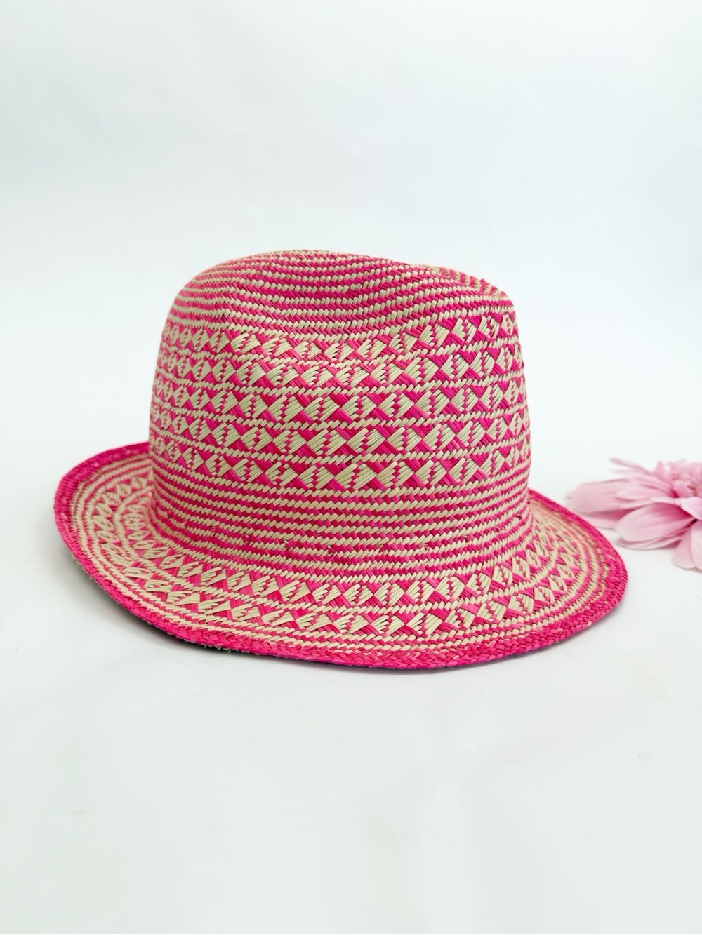 Guanabana Handmade Panama Pyramid Hat Sun Pink Tan Straw Fedora Beach Resort